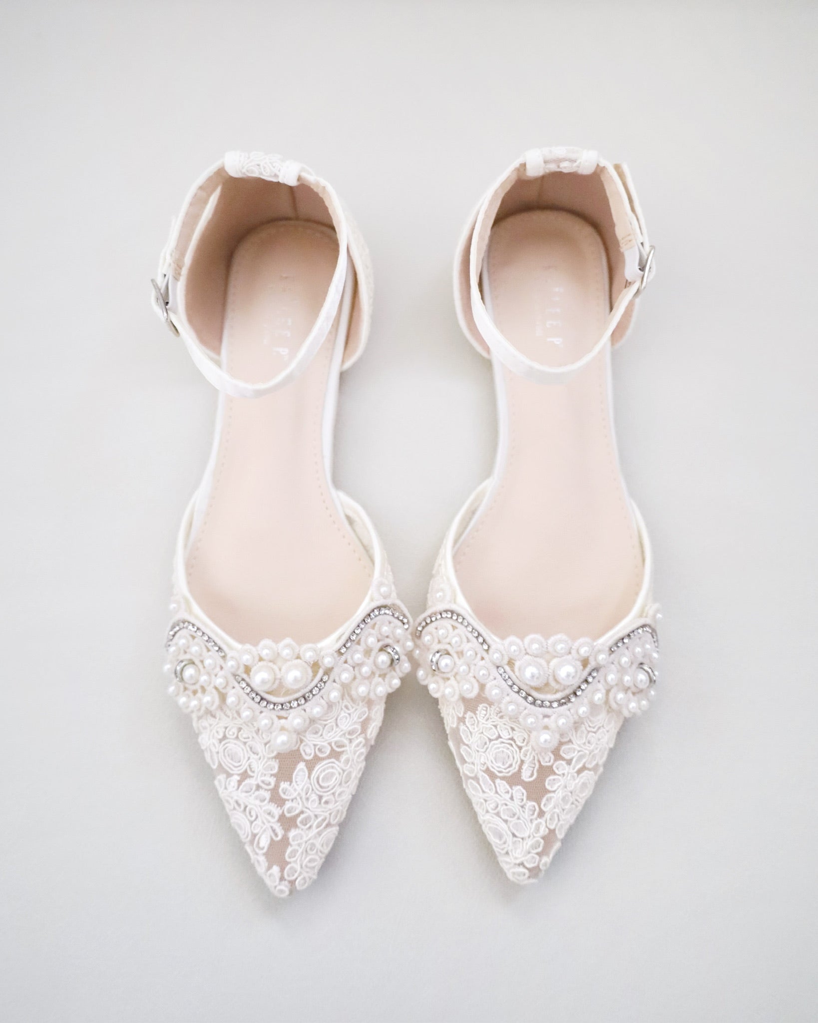 Crochet Lace Pointy Toe Flats with Small Pearls Applique