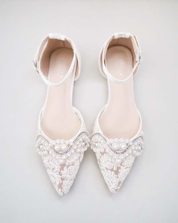 Crochet Lace Pointy Toe Flats with Small Pearls Applique
