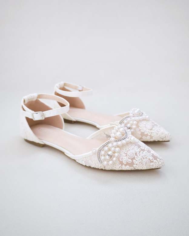 Crochet Lace Pointy Toe Flats with Small Pearls Applique