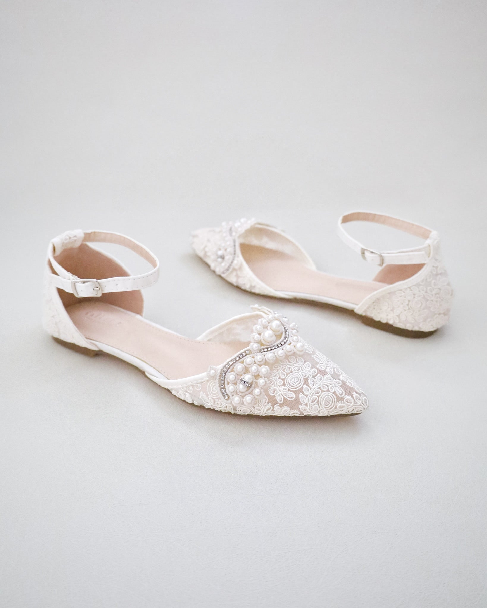 Crochet Lace Pointy Toe Flats with Small Pearls Applique