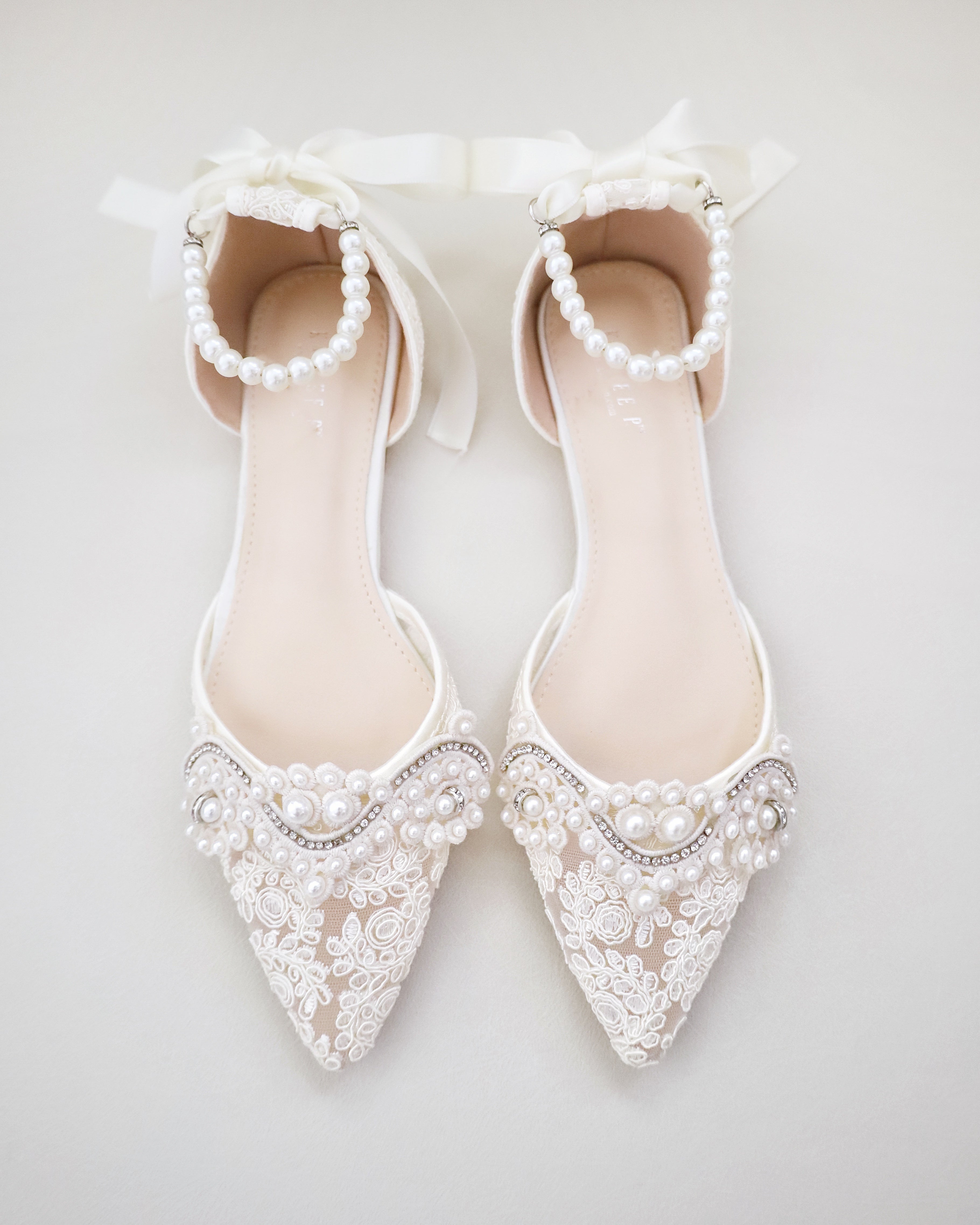 Crochet Lace Pointy Toe Flats with Small Pearls Applique