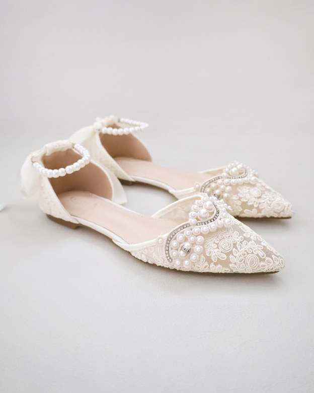 Crochet Lace Pointy Toe Flats with Small Pearls Applique