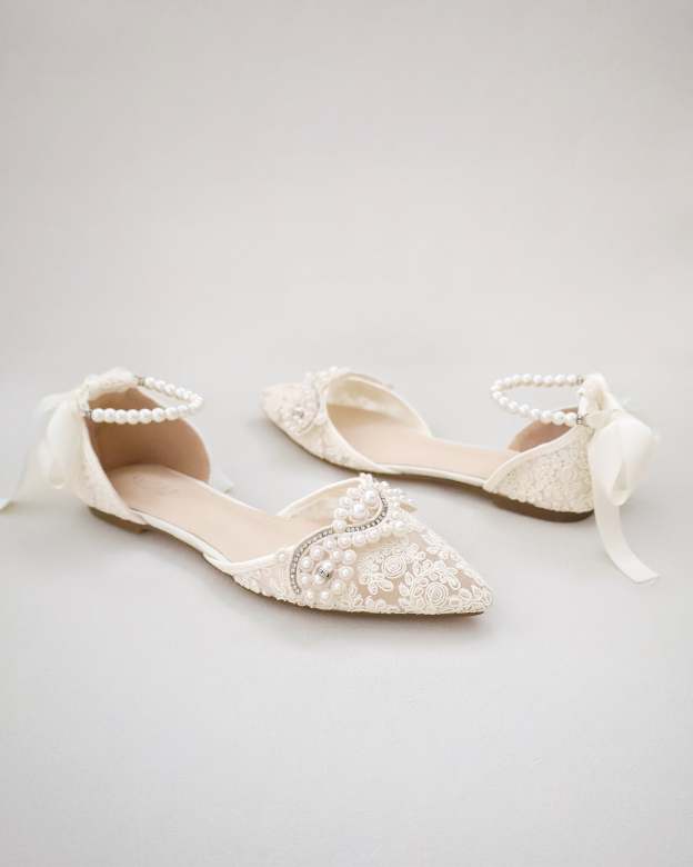Crochet Lace Pointy Toe Flats with Small Pearls Applique