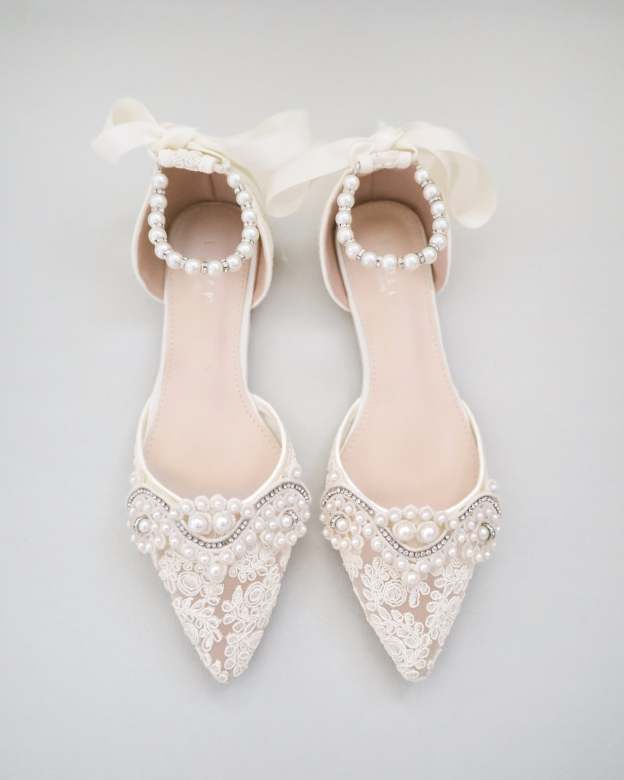 Crochet Lace Pointy Toe Flats with Small Pearls Applique