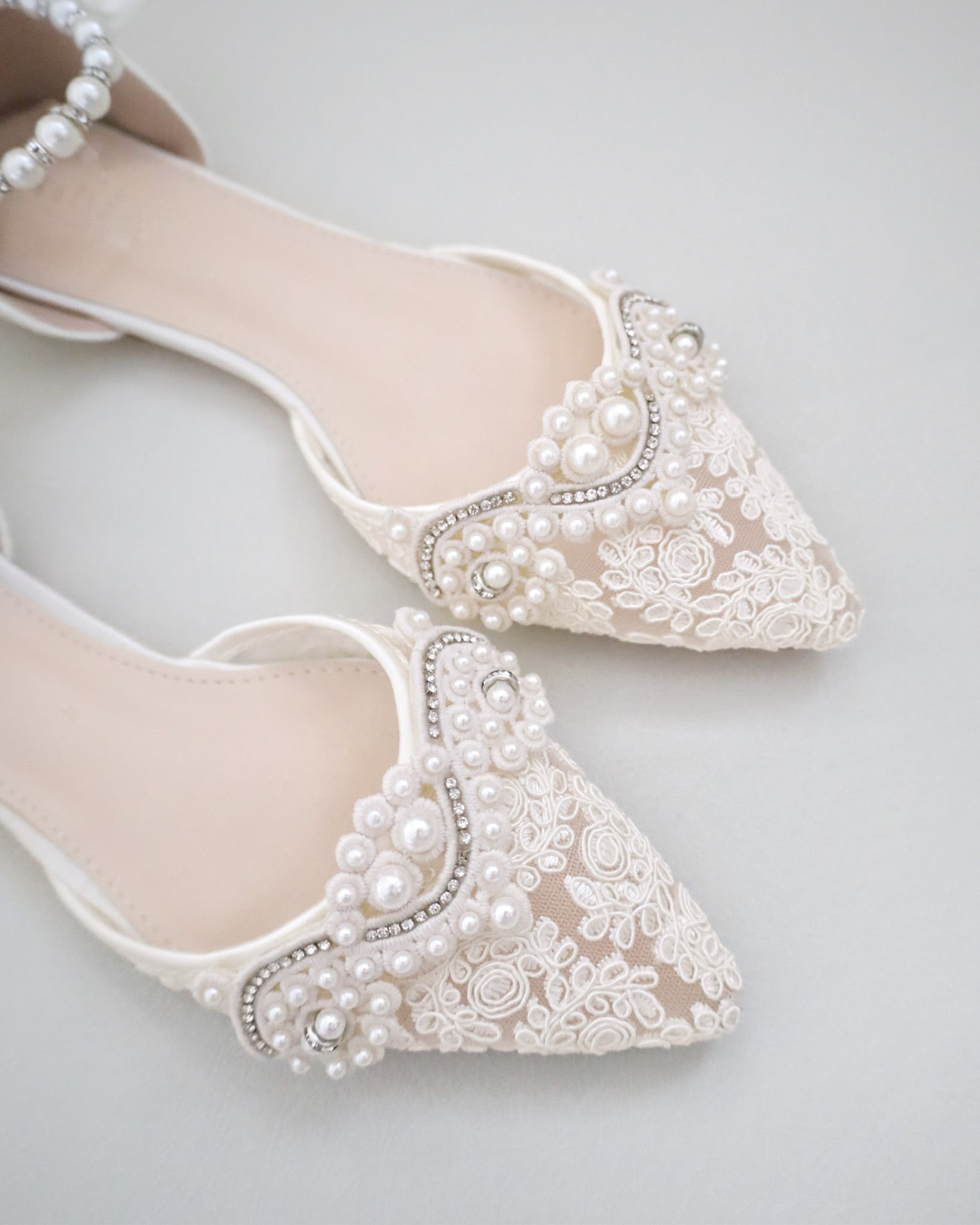 Crochet Lace Pointy Toe Flats with Small Pearls Applique