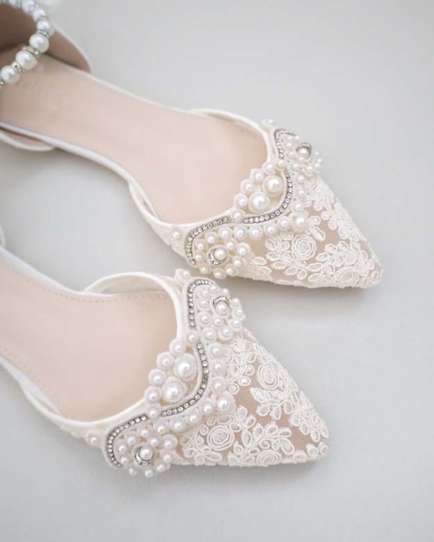 Crochet Lace Pointy Toe Flats with Small Pearls Applique