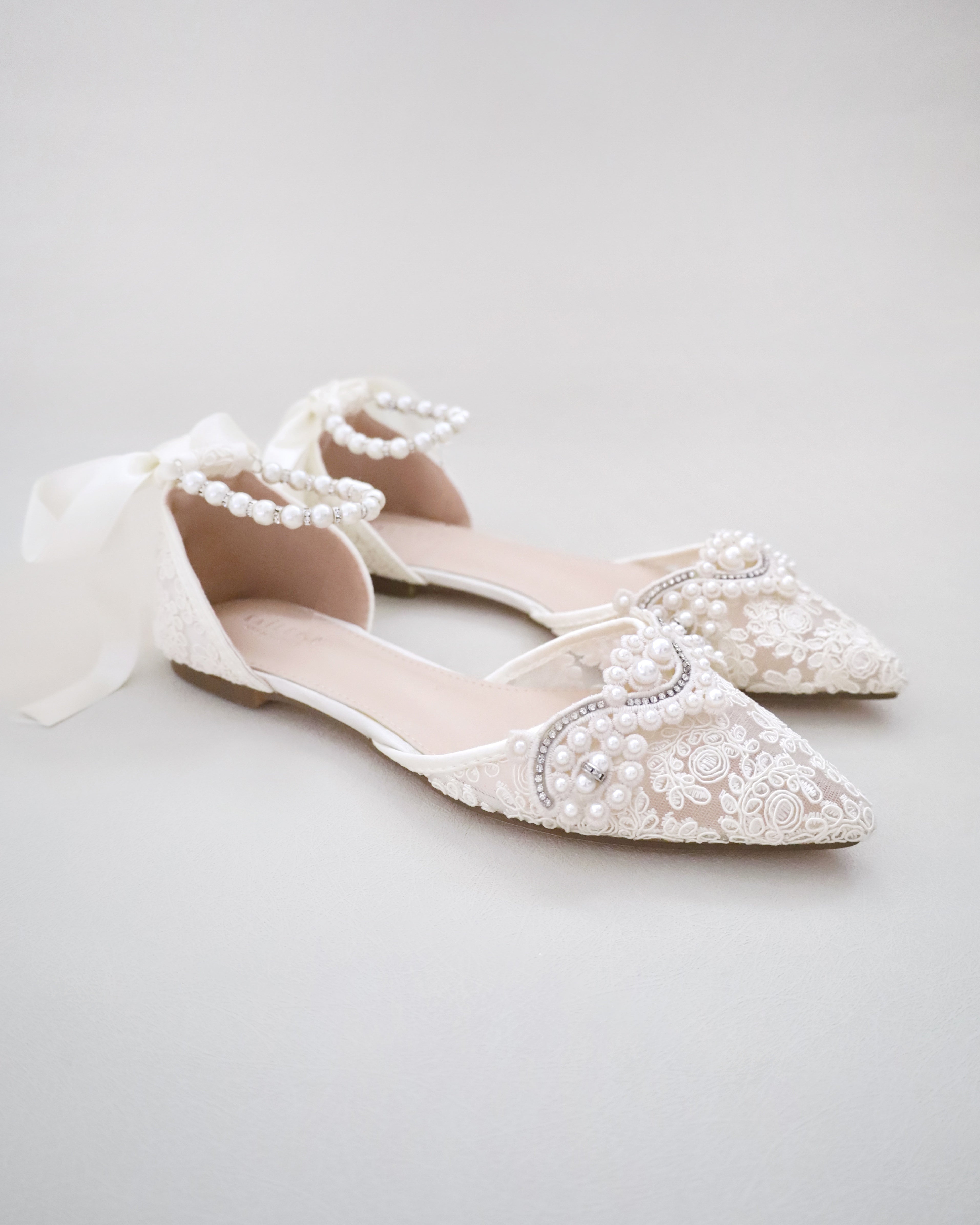 Crochet Lace Pointy Toe Flats with Small Pearls Applique