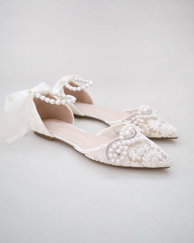 Crochet Lace Pointy Toe Flats with Small Pearls Applique