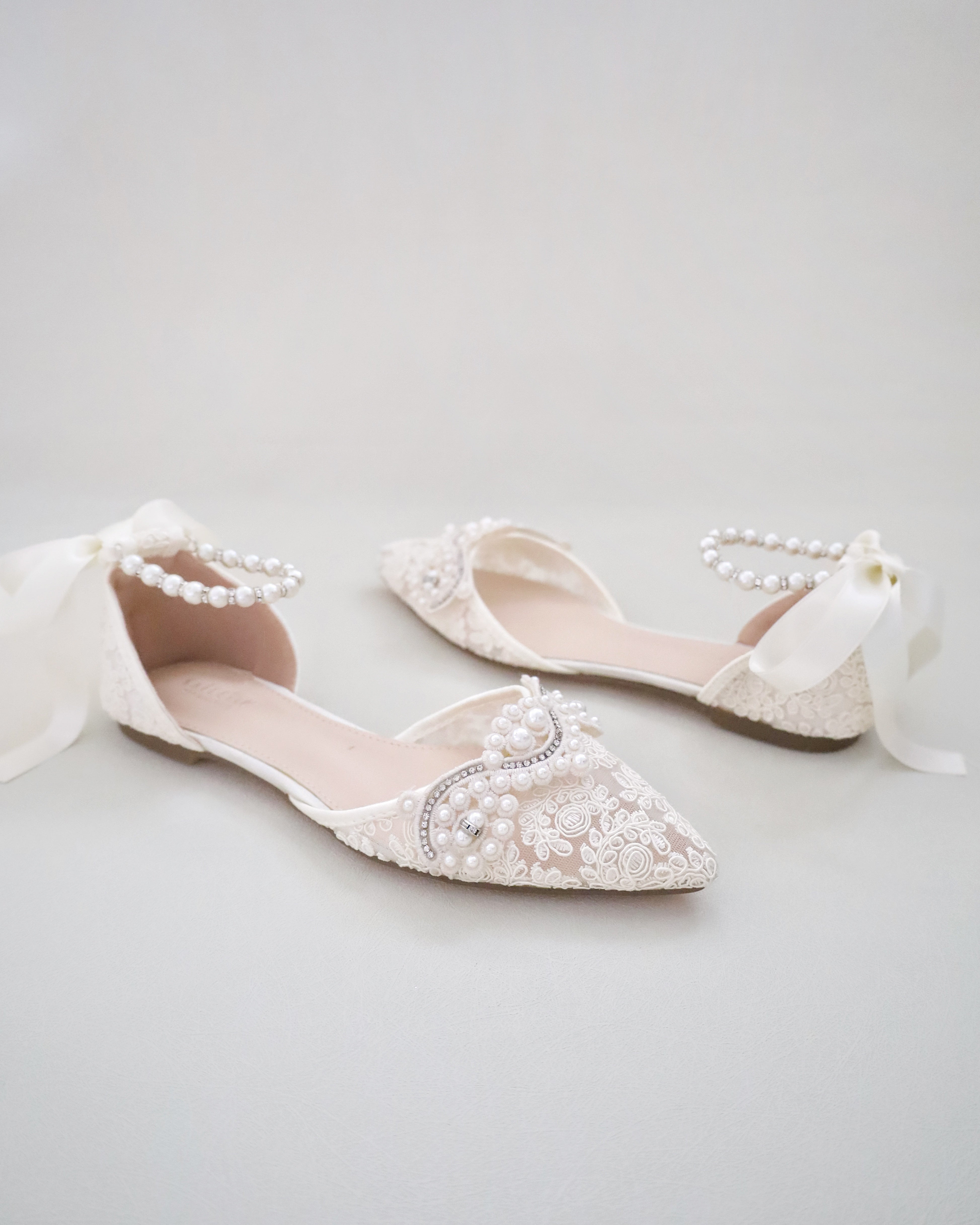 Crochet Lace Pointy Toe Flats with Small Pearls Applique