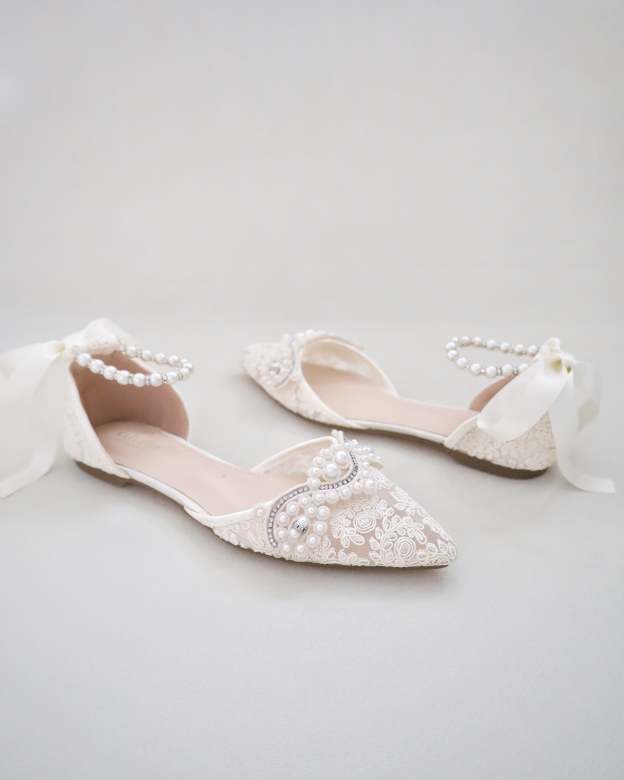 Crochet Lace Pointy Toe Flats with Small Pearls Applique