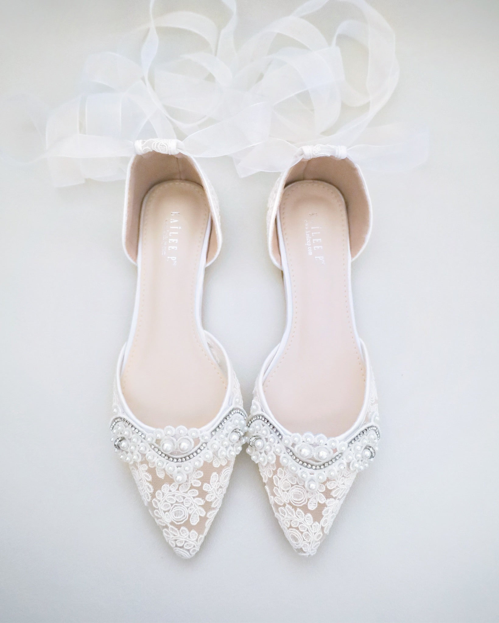 Crochet Lace Pointy Toe Flats with Small Pearls Applique