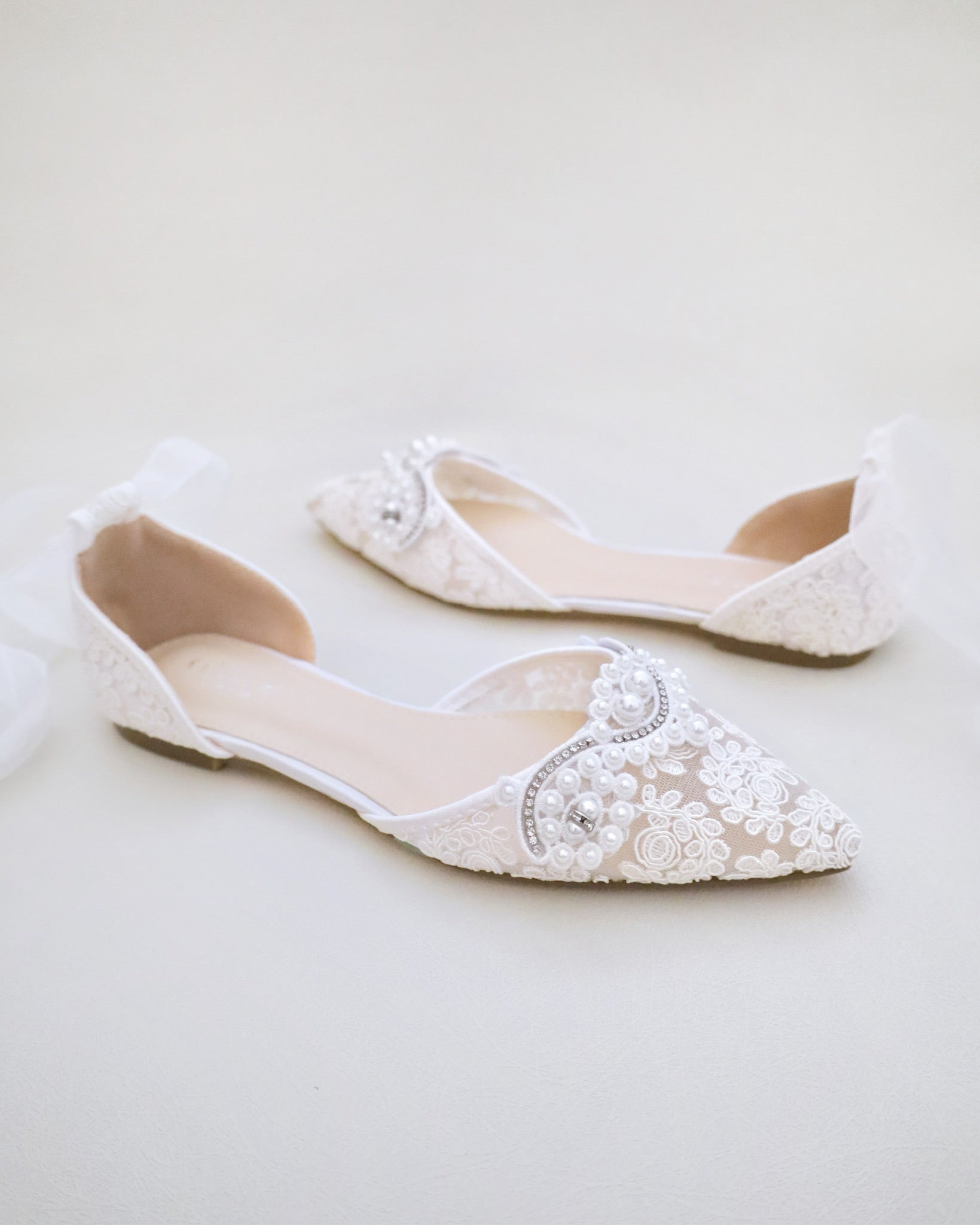 Crochet Lace Pointy Toe Flats with Small Pearls Applique