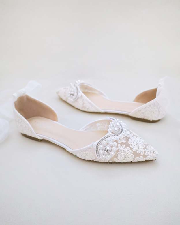 Crochet Lace Pointy Toe Flats with Small Pearls Applique