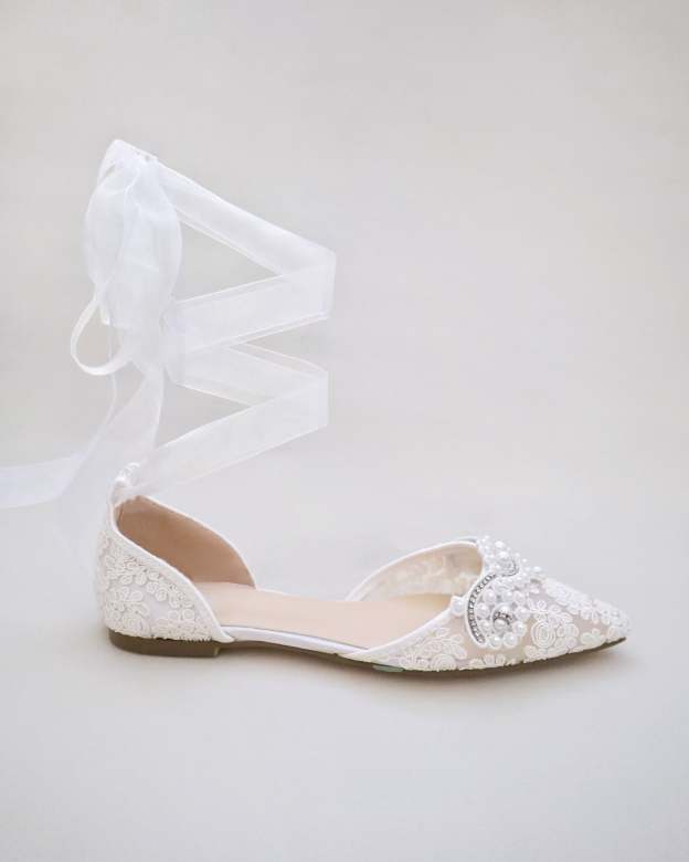 Crochet Lace Pointy Toe Flats with Small Pearls Applique