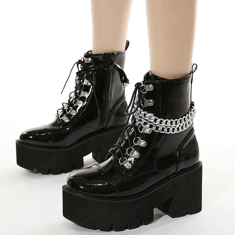 Punk Womens Chain Chelsea Ankle Platform Boots Round Toe Goth Chunky Heels Shoes