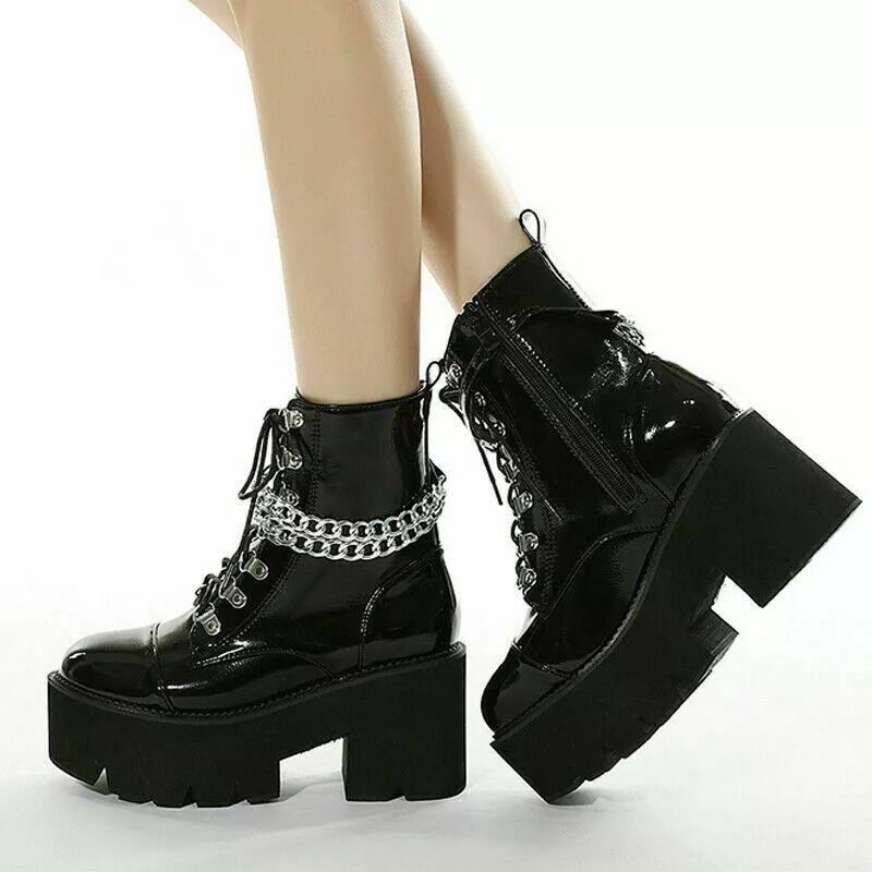Punk Womens Chain Chelsea Ankle Platform Boots Round Toe Goth Chunky H