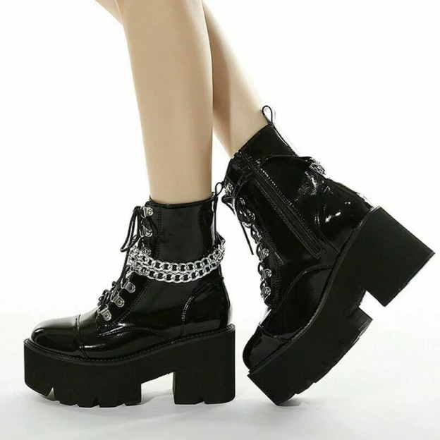 Punk Womens Chain Chelsea Ankle Platform Boots Round Toe Goth Chunky Heels Shoes