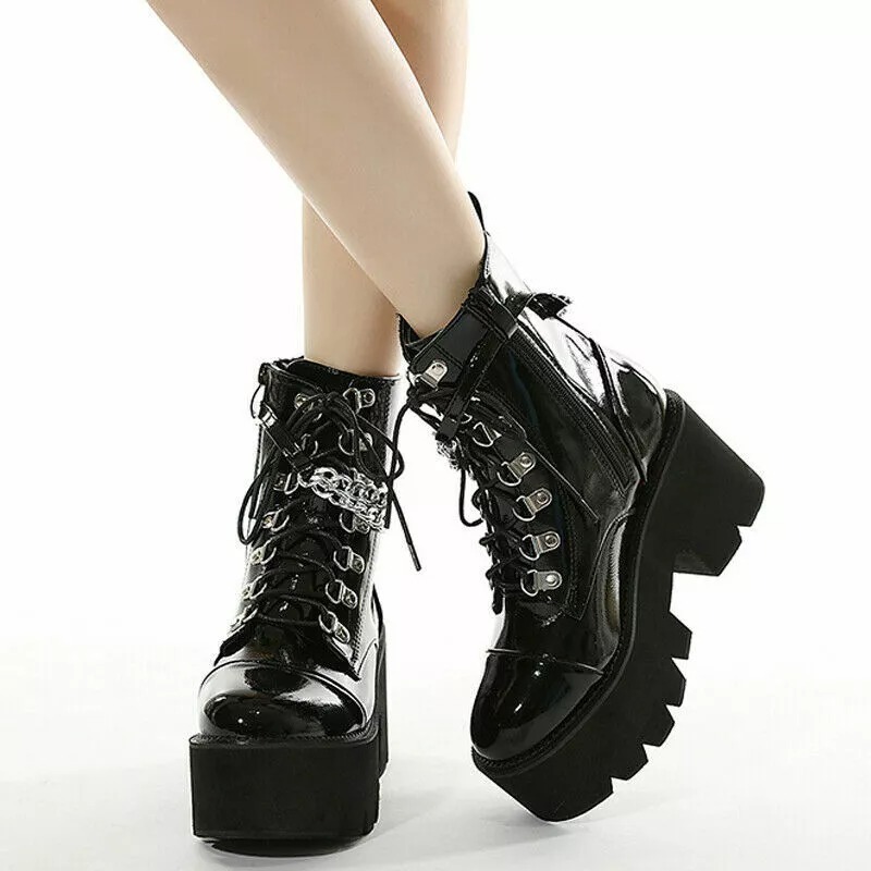 Punk Womens Chain Chelsea Ankle Platform Boots Round Toe Goth Chunky Heels Shoes