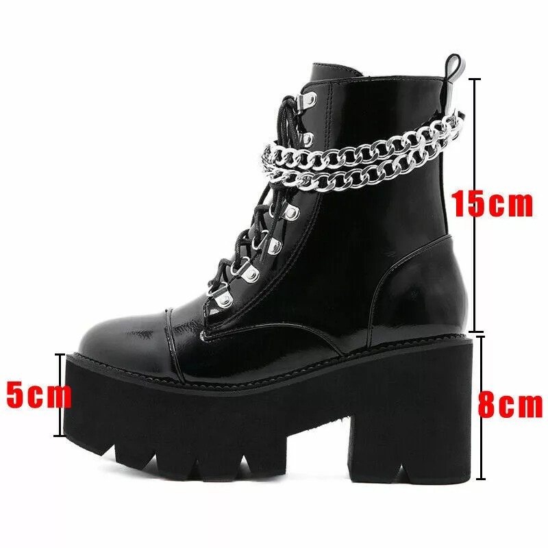 Punk Womens Chain Chelsea Ankle Platform Boots Round Toe Goth Chunky Heels Shoes