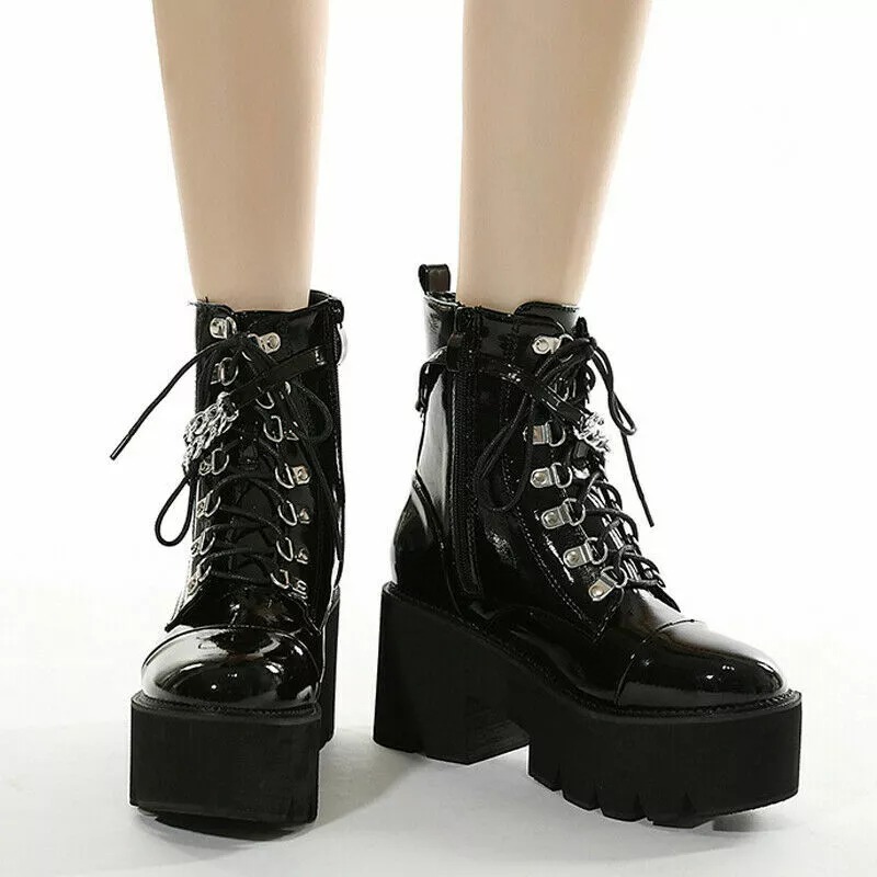 Punk Womens Chain Chelsea Ankle Platform Boots Round Toe Goth Chunky Heels Shoes