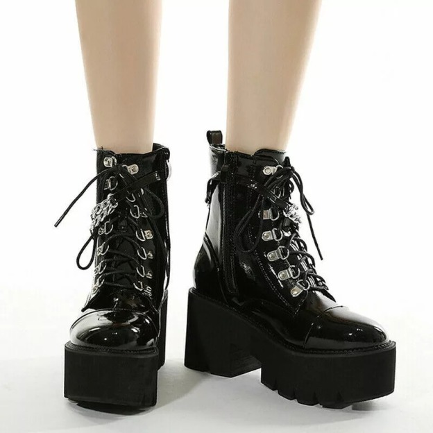 Punk Womens Chain Chelsea Ankle Platform Boots Round Toe Goth Chunky Heels Shoes