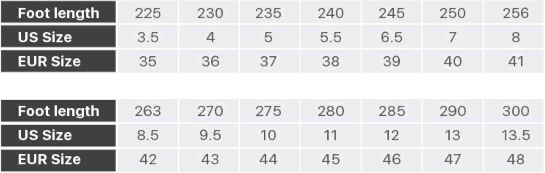 COOL HIGH TOP SNEAKERS SIZE CHART