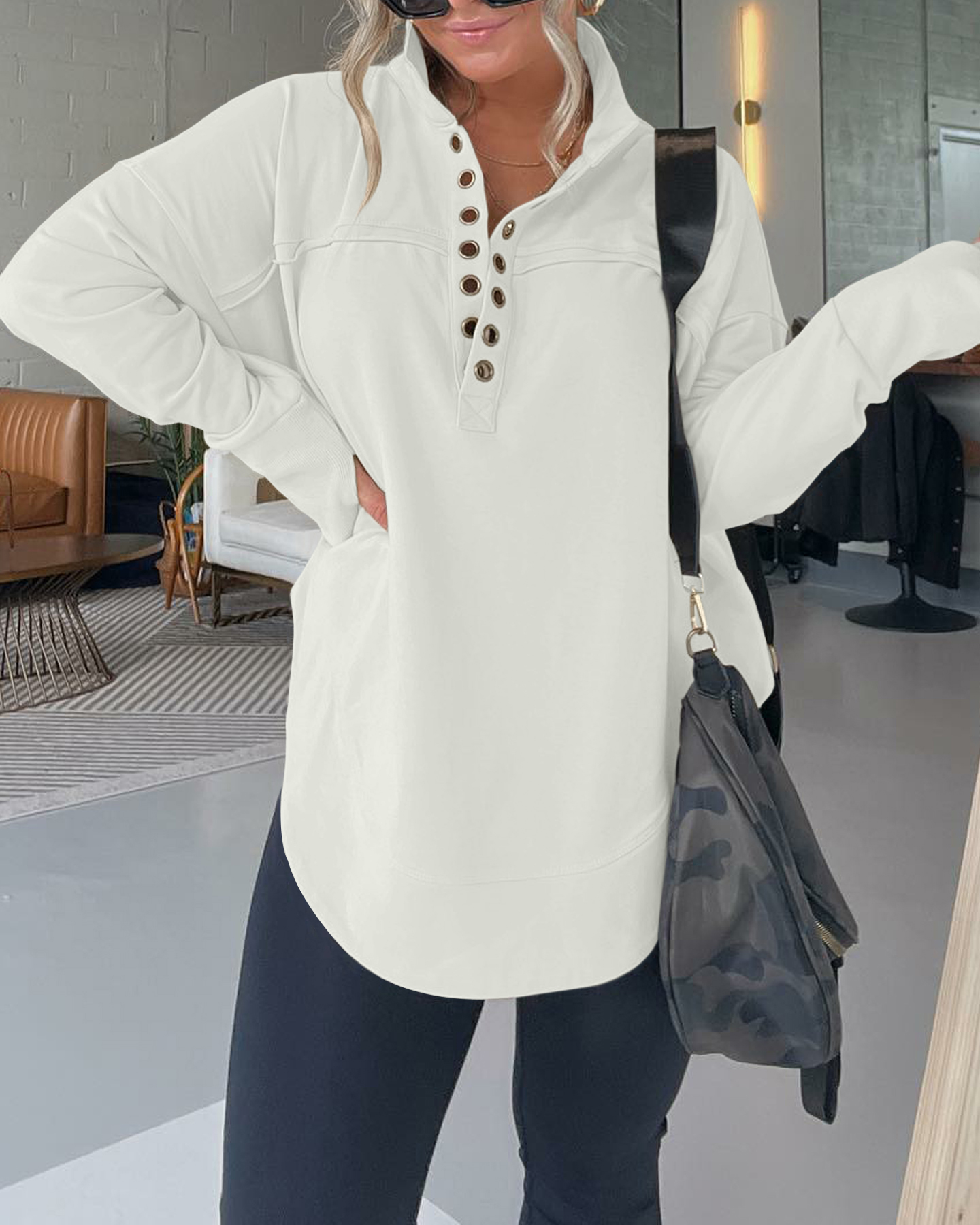 Half Neck Thumbhole Cuff Pullover Sweatshirt (Buy 2 Free Shipping)