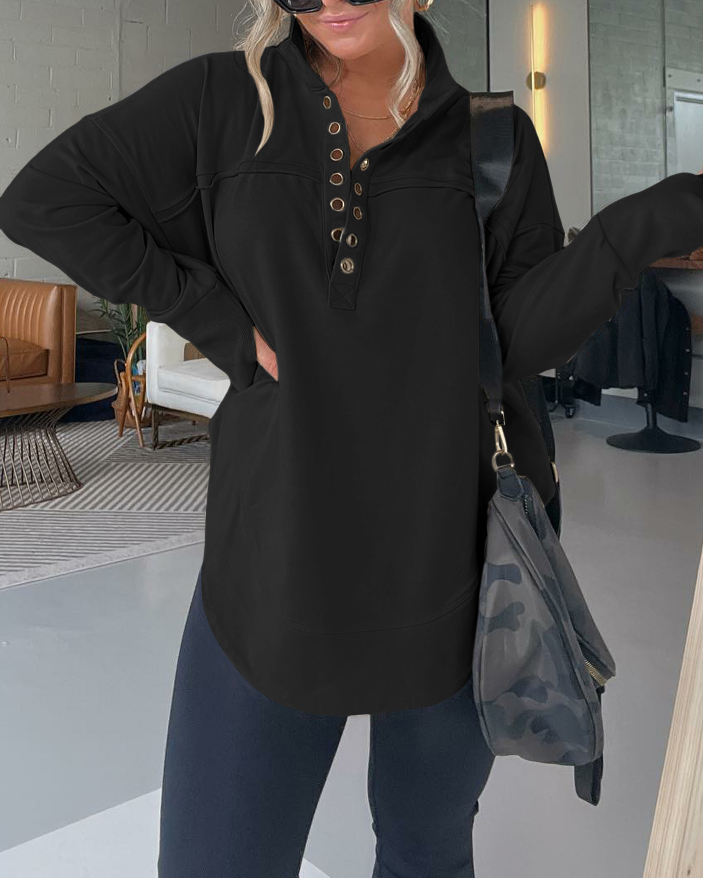 Half Neck Thumbhole Cuff Pullover Sweatshirt (Buy 2 Free Shipping)