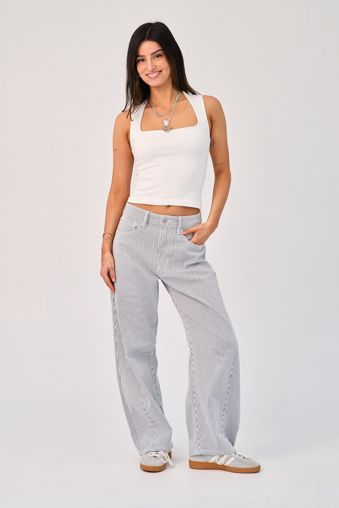 striped barrel leg jeans