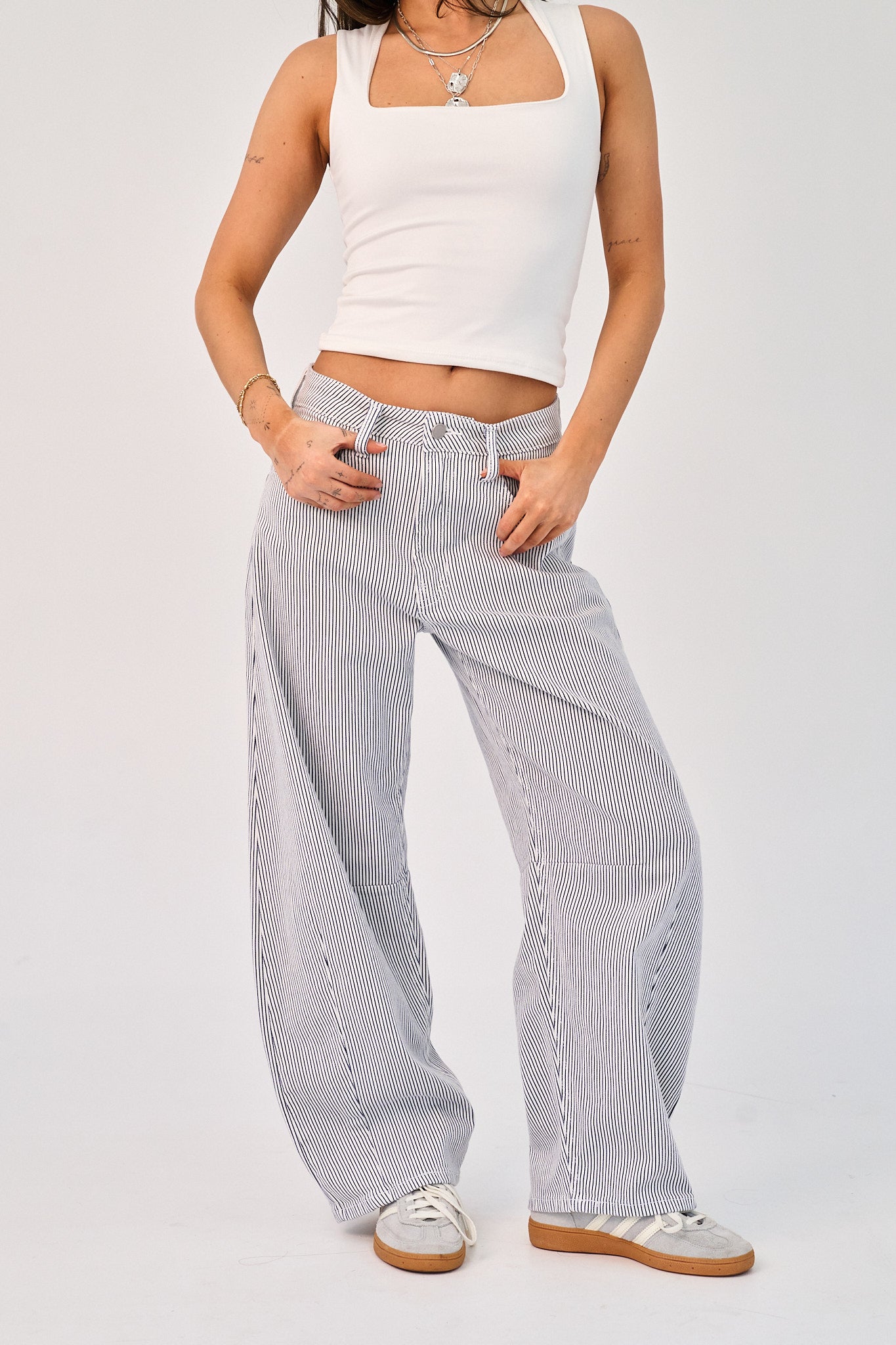 striped barrel leg jeans