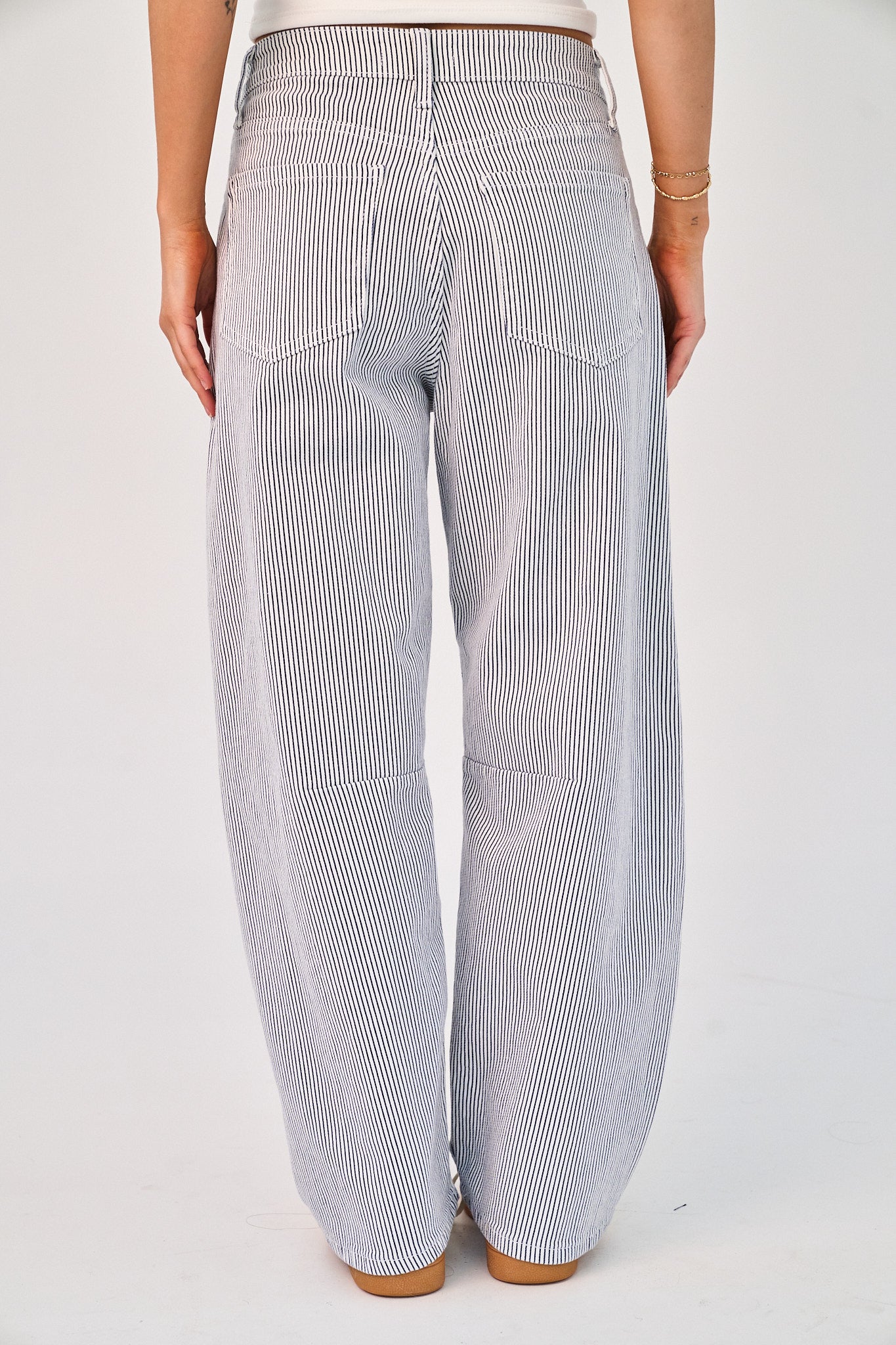 striped barrel leg jeans