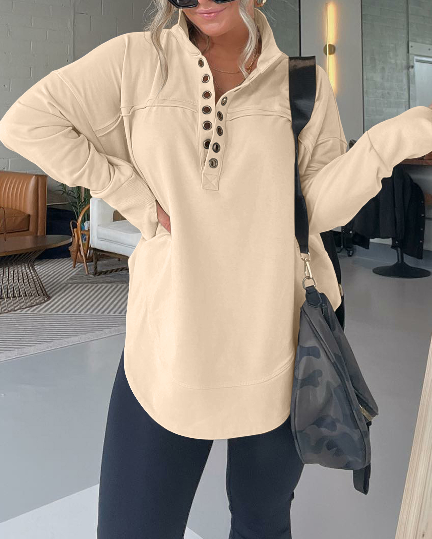 Half Neck Thumbhole Cuff Pullover Sweatshirt (Buy 2 Free Shipping)