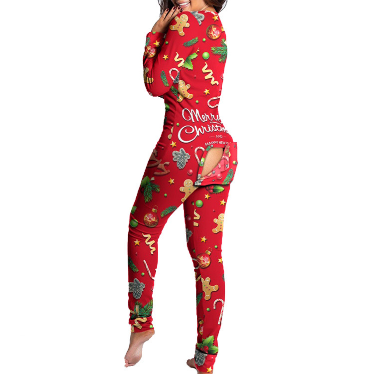 Christmas Button Flap Long Sleeve Lounge Wear Jumpsuit