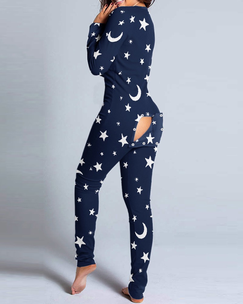 Christmas Button Flap Long Sleeve Lounge Wear Jumpsuit