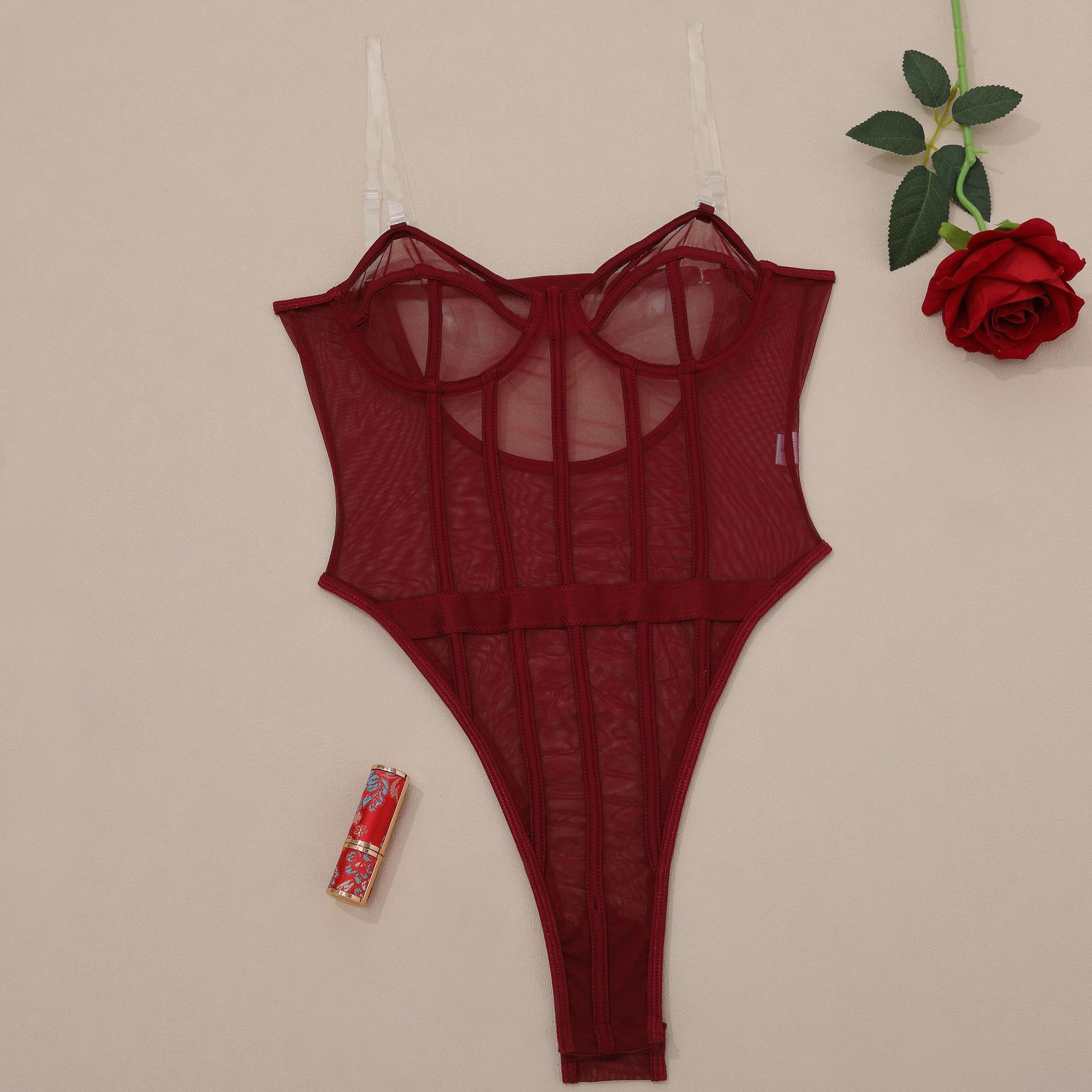 Sheer Mesh Strapless Corset Bodysuit