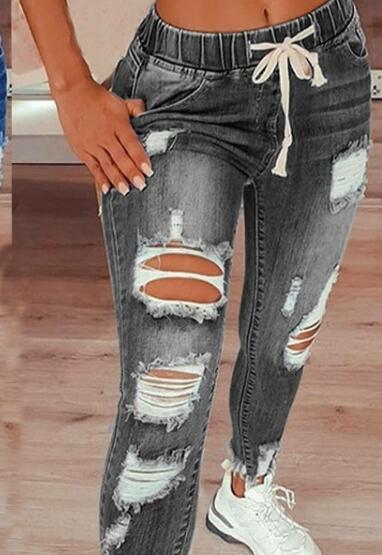 Drawstring Distressed Relaxed-Fit Street Denim Pants