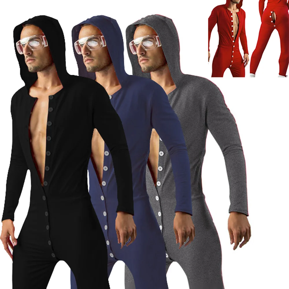 Men's Solid Cozy Button Down Jumpsuit Pajamas 