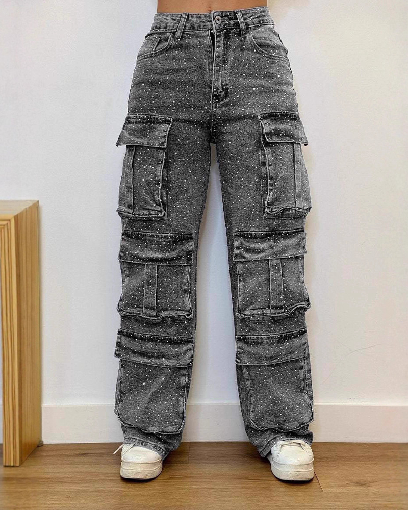 Casual Urban-Style Jeans with Rhinestone-Embellished Pockets
