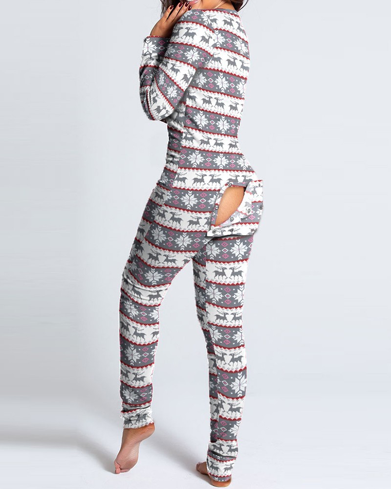 Christmas Button Flap Long Sleeve Lounge Wear Jumpsuit