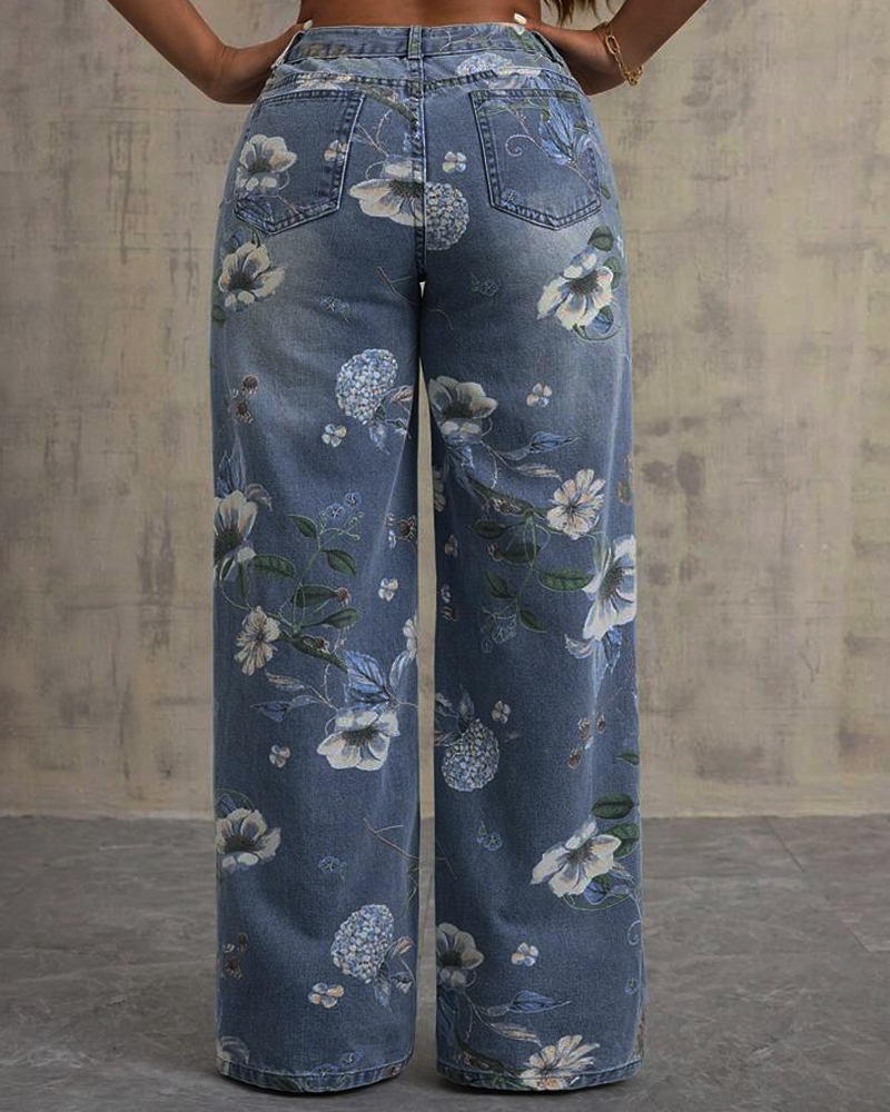 High-waisted, straight-leg printed jeans
