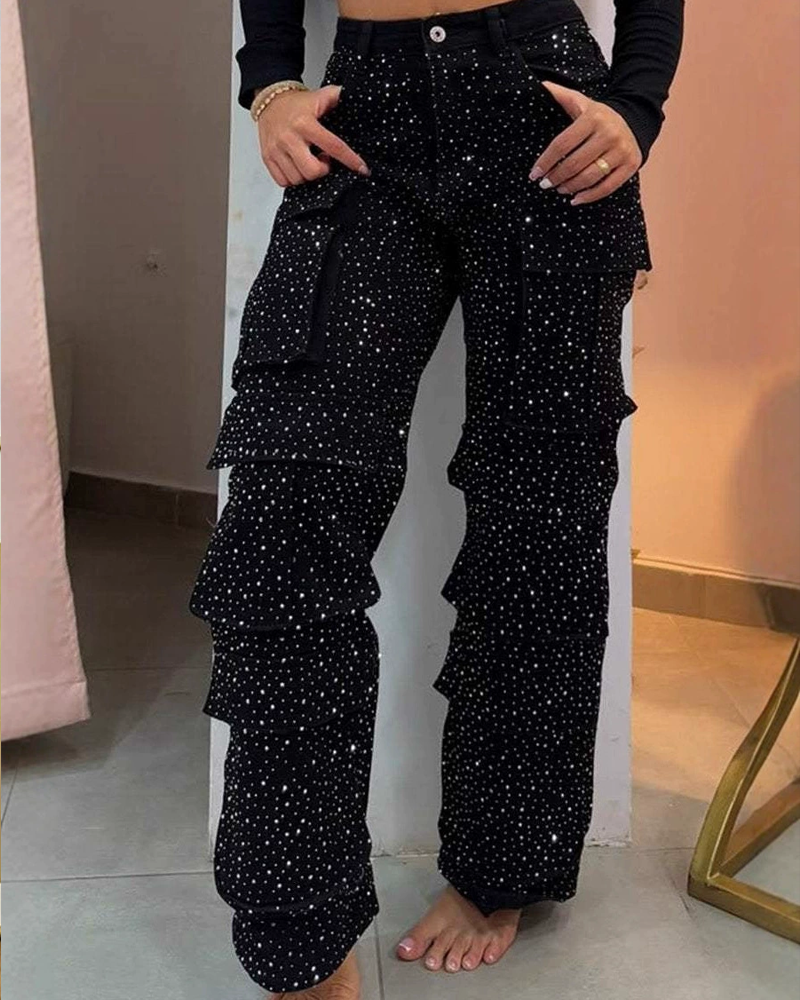 Casual Urban-Style Jeans with Rhinestone-Embellished Pockets