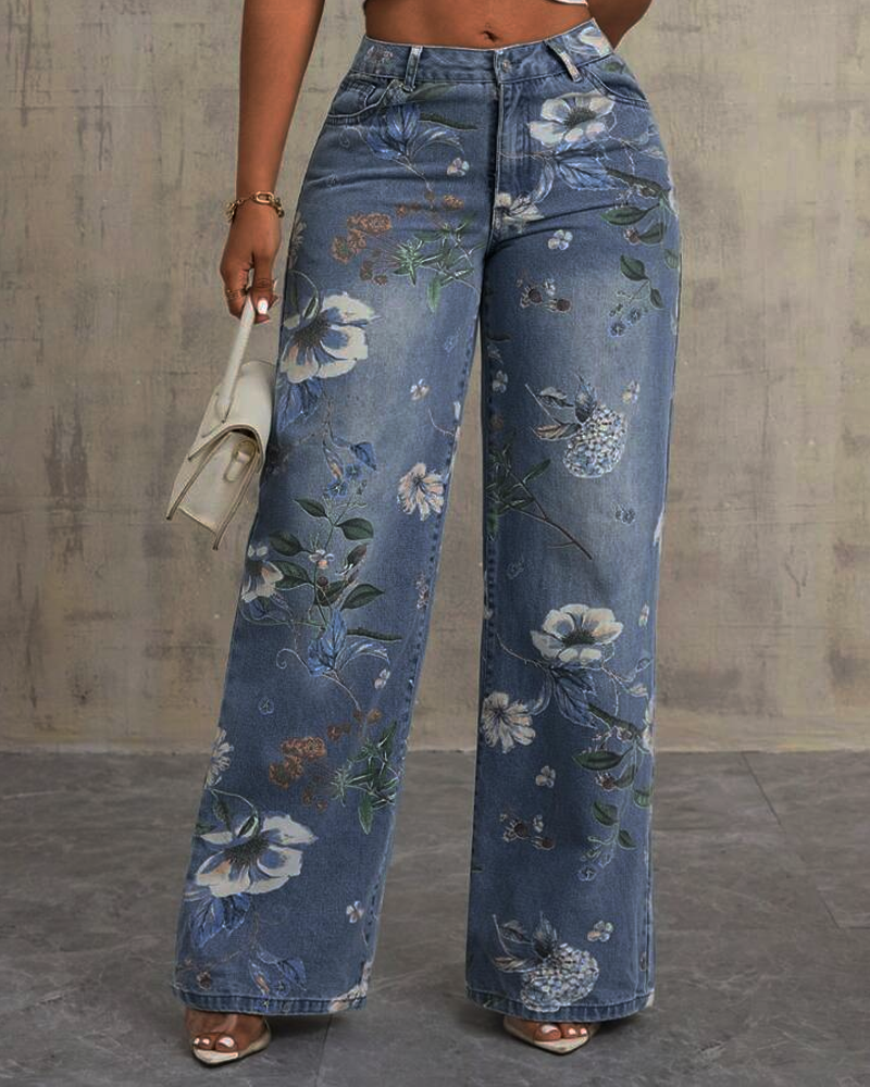 High-waisted, straight-leg printed jeans