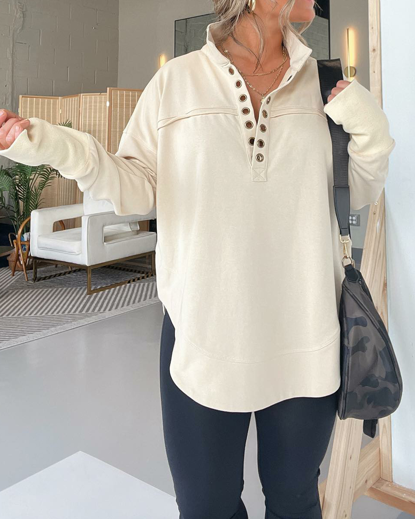 Half Neck Thumbhole Cuff Pullover Sweatshirt (Buy 2 Free Shipping)