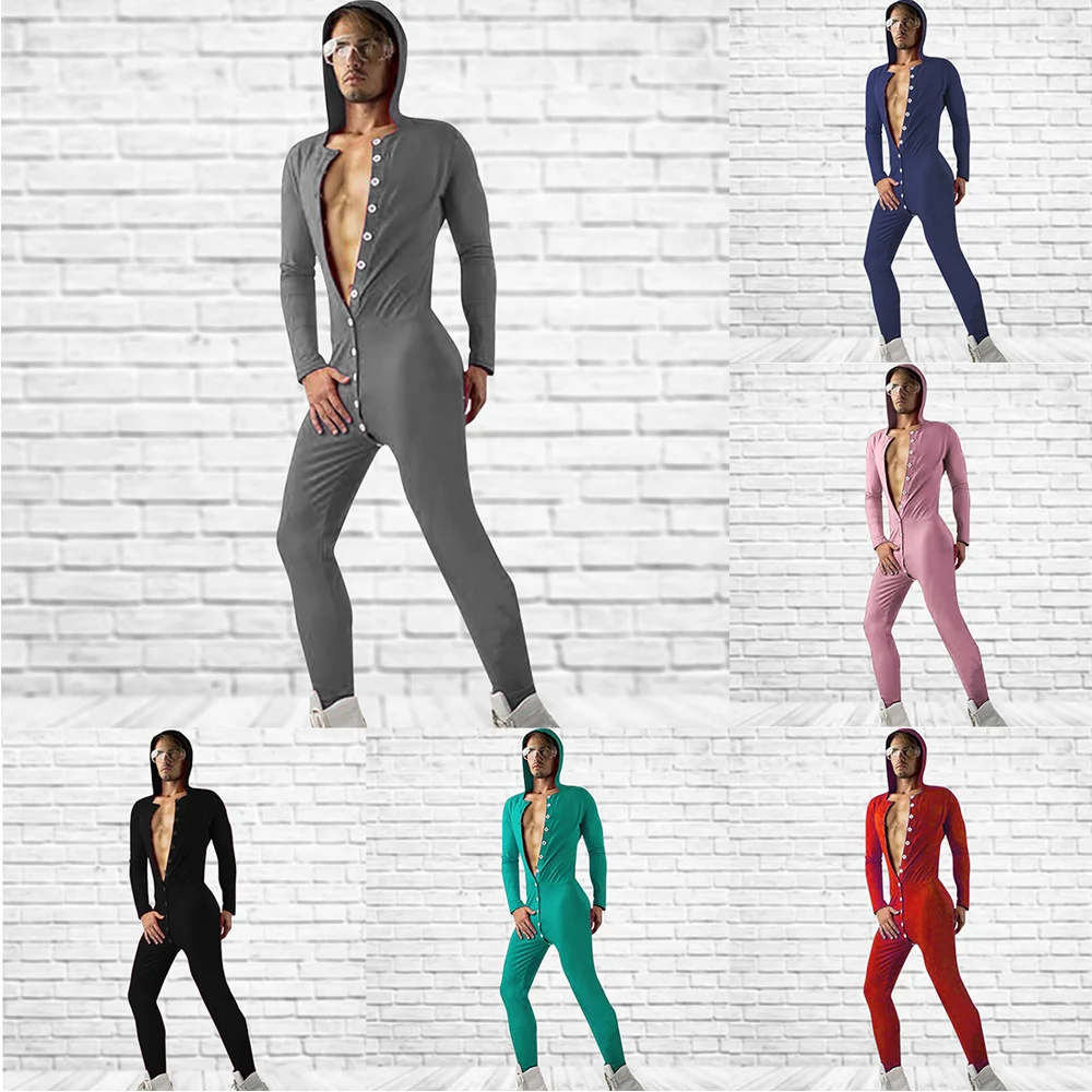  Men's Solid Cozy Button Down Jumpsuit Pajamas 
