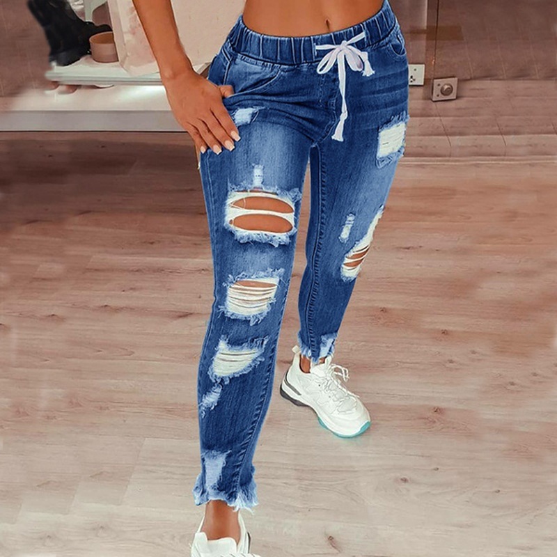 Drawstring Distressed Relaxed-Fit Street Denim Pants