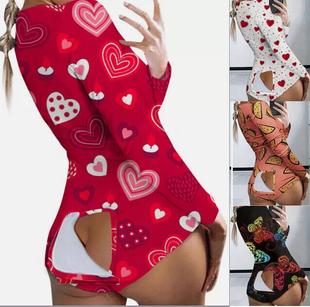 Sexy Women Jumpsuits Pajamas Ladies Back Butt Bum Open Button Flap Sexy Pyjamas`