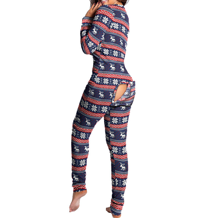 Christmas Button Flap Long Sleeve Lounge Wear Jumpsuit