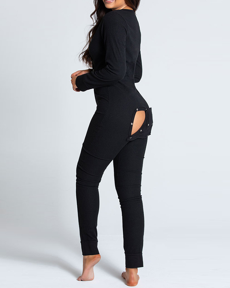 Christmas Button Flap Long Sleeve Lounge Wear Jumpsuit
