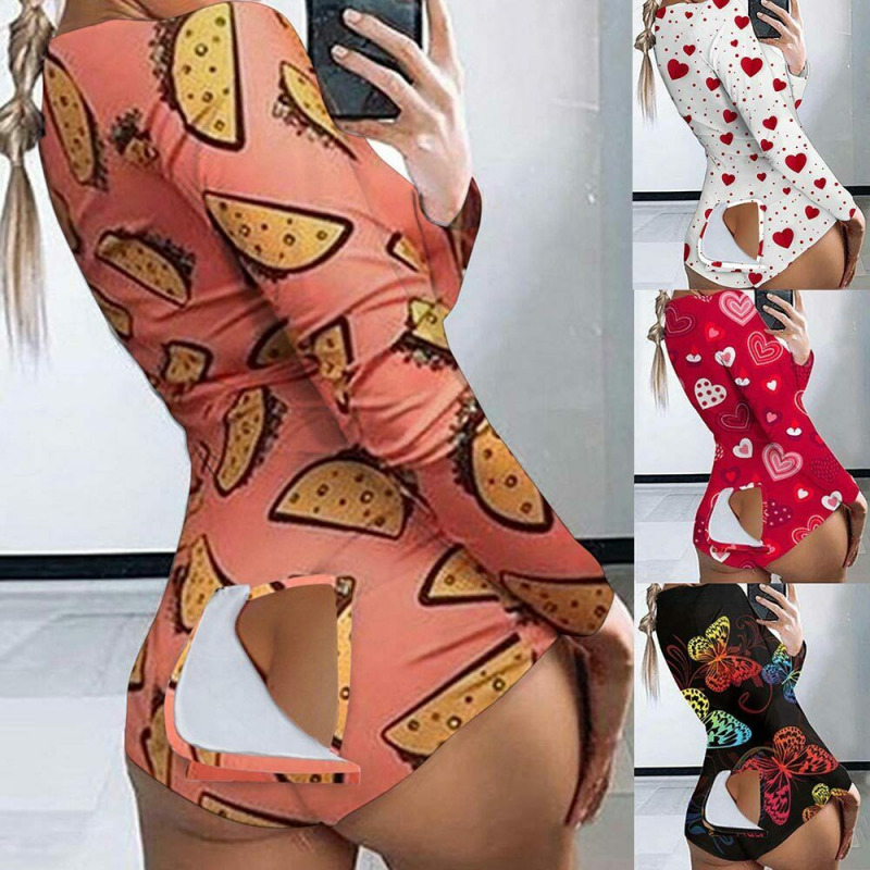 Sexy Women Jumpsuits Pajamas Ladies Back Butt Bum Open Button Flap Sexy Pyjamas`