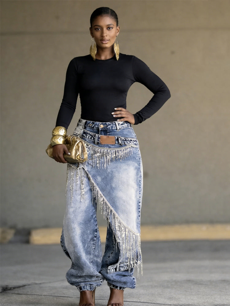 Rhinestone Fringe Asymmetrical Denim Pants